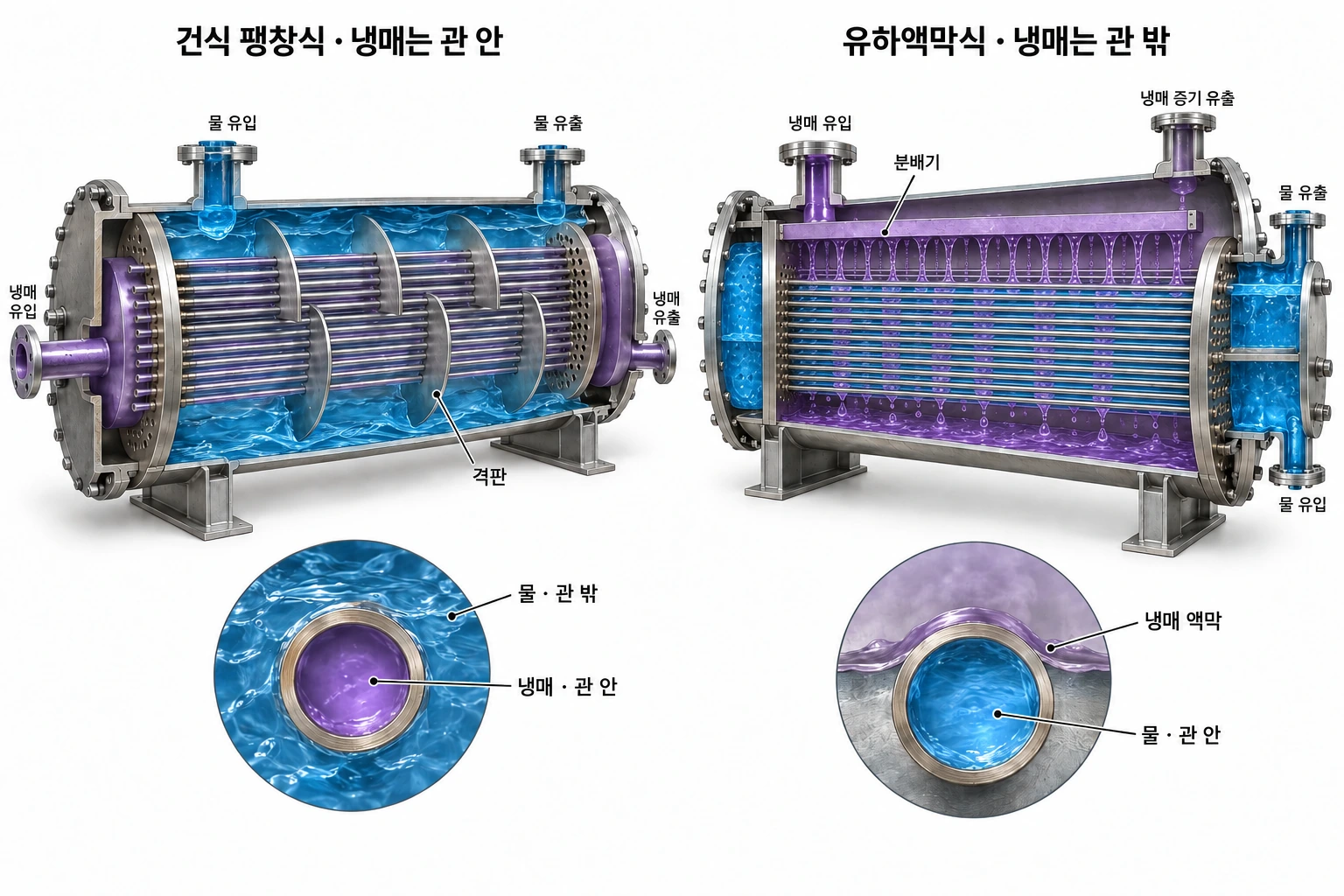 왼쪽 건식은 냉매 관내·물 관외, 오른쪽 유하액막식은 물 관내·냉매 관외의 대표 예입니다.